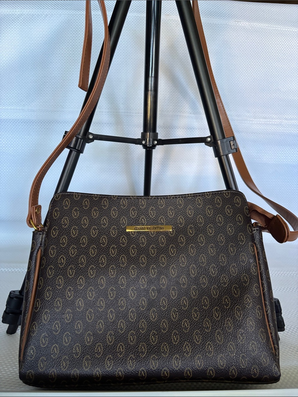 Valentino Brown Monogram Crossbody with Tan Strap